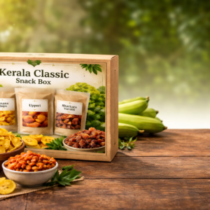 Kerala Classic Snack Box with banana chips, upperi and sharkara varatti made in coconut oil