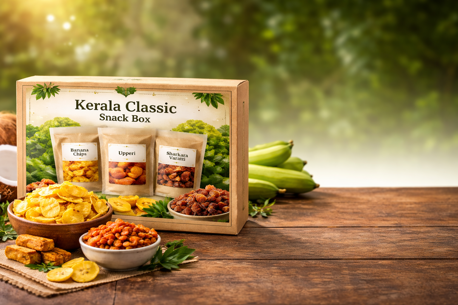 Kerala Classic Snack Box with banana chips, upperi and sharkara varatti made in coconut oil